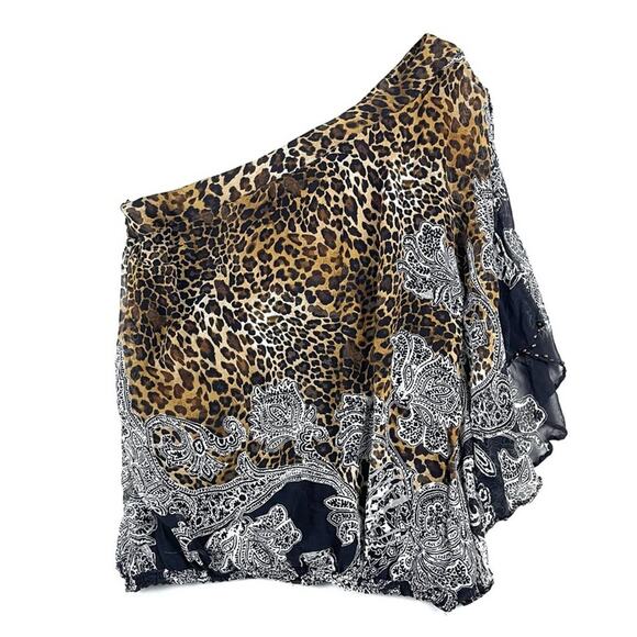 Vintage Cache 100% Silk Animal Print One Shoulder Chiffon Blouse - Picture 1 of 4